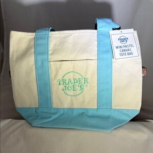Trader Joe's Cream and Baby Blue Mini Pastel Canvas Tote Bag